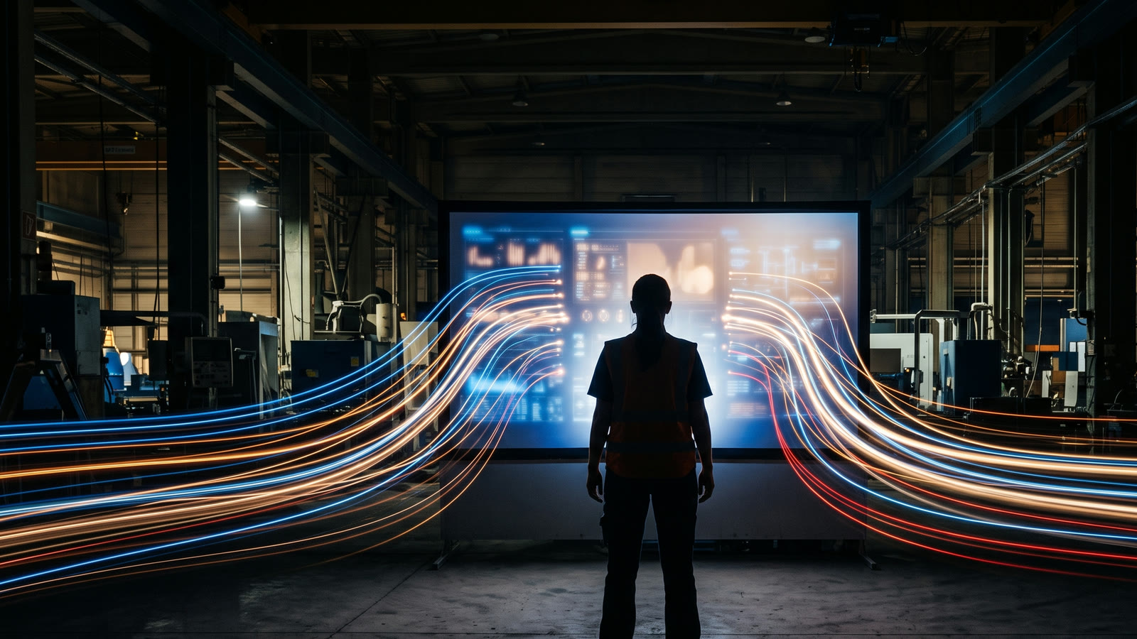 Une personne de dos devant un grand écran d'atelier, des traînées lumineuses convergeant vers elle depuis toute la halle.
