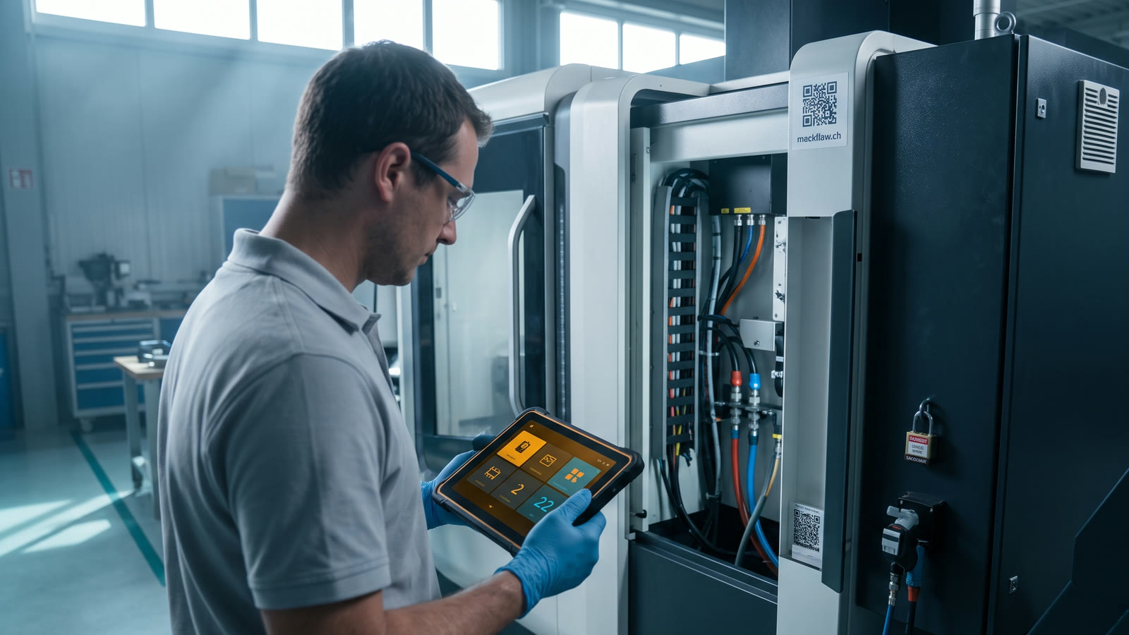 Un technicien consulte sa tablette devant l'armoire électrique ouverte d'un centre d'usinage, l'étiquette QR de la machine visible sur la porte.