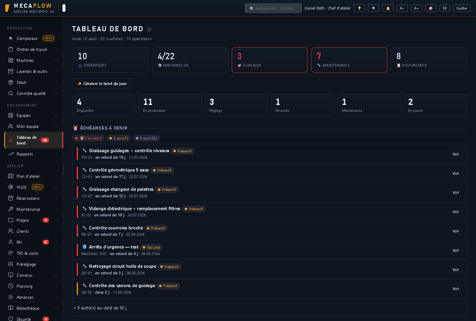 Le tableau de bord MECAFLOW : compteurs de machines par statut, alertes et liste des échéances de maintenance à venir.