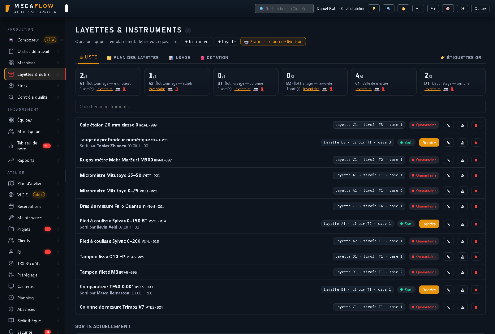 Le stock de l'atelier : chaque matière avec sa forme, sa quantité restante, son prix au kilo et son emplacement de rangement.